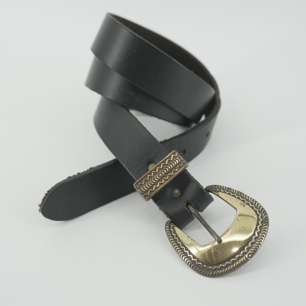 Robbie Bee Leather Belt Women M/L Black Western Etched Brass Buckle Made in USA